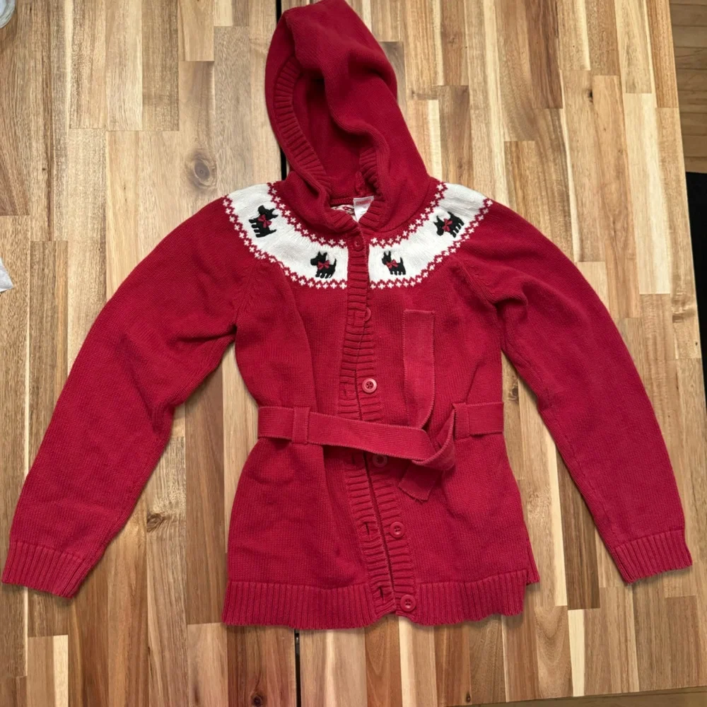 Gymboree Girls Red Scottie Dog‎ Hooded Belted Cardigan Sweater Size 10 Cotton